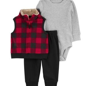 Baby 3-piece Buffalo check Fleece little vest set